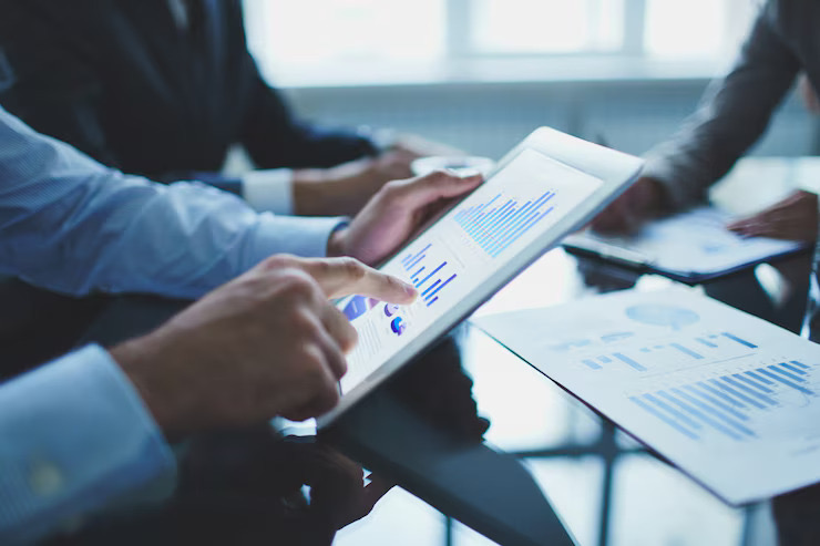 Business advisor reviewing financial information